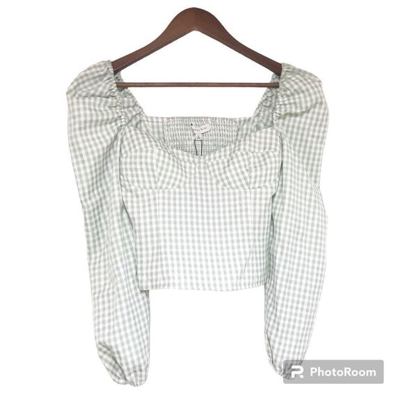 GIANNI BINI Gingham Peasant Crop Top Puff Sleeve Mint Green Size 0 8 10 New - Picture 2 of 15